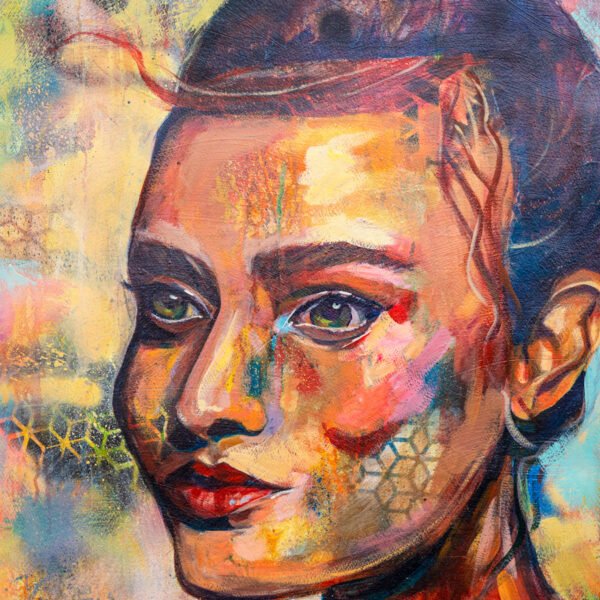 The Wind of Change, original mixed media portrait painting on cotton paper by contemporary artist Mili Mizzi