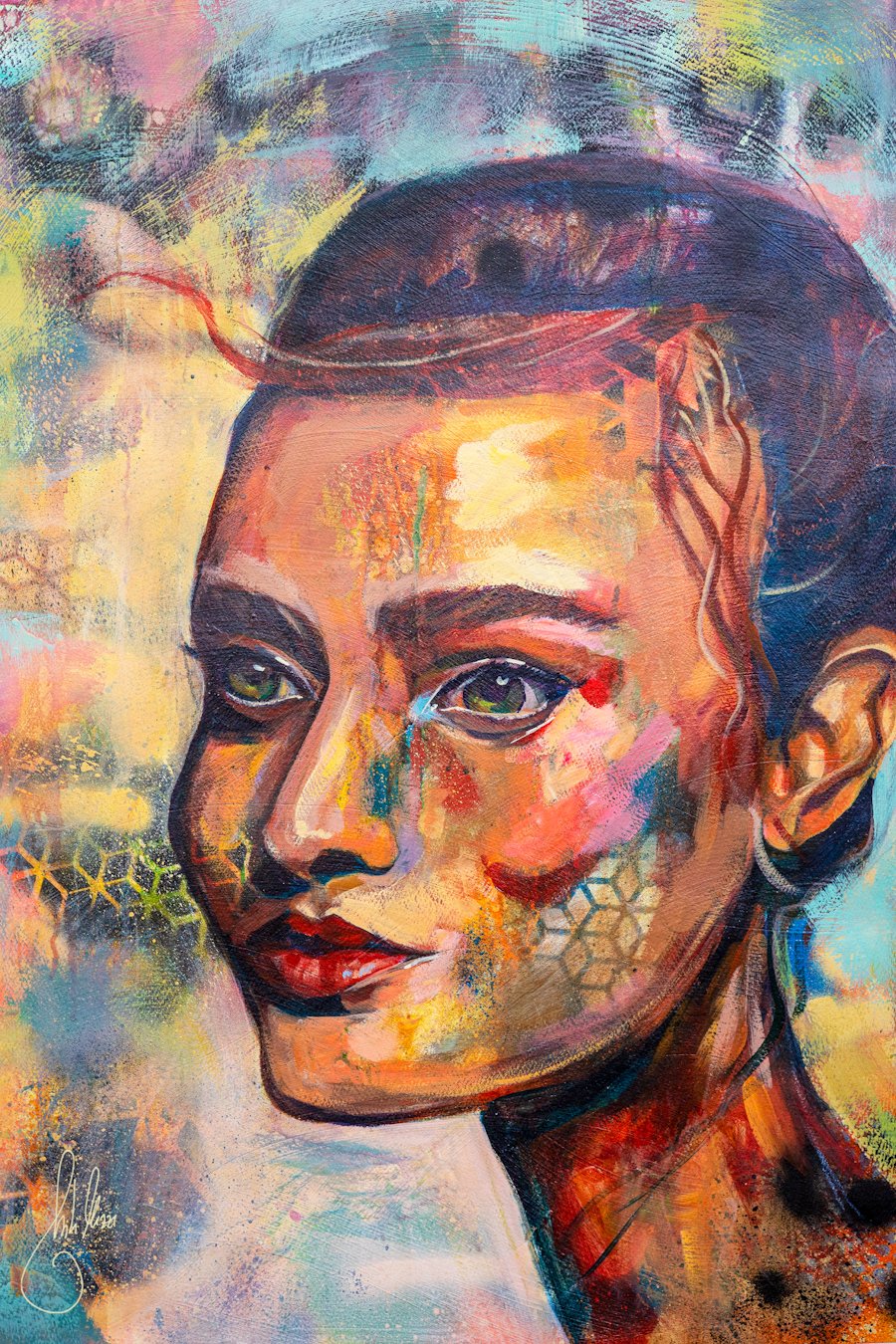 The Wind of Change, original mixed media portrait painting on cotton paper by contemporary artist Mili Mizzi