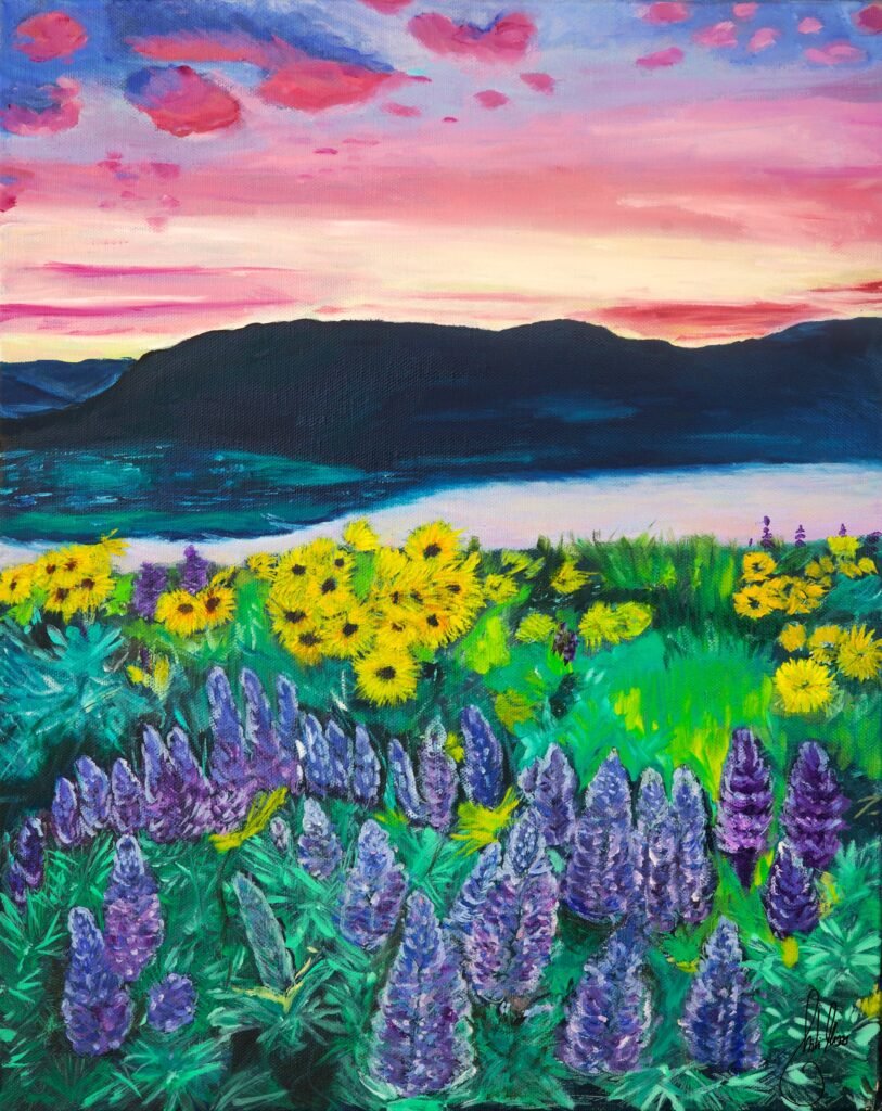 Dusk Blossoms, original oil landscape painting on canvas by contemporary artist Mili Mizzi