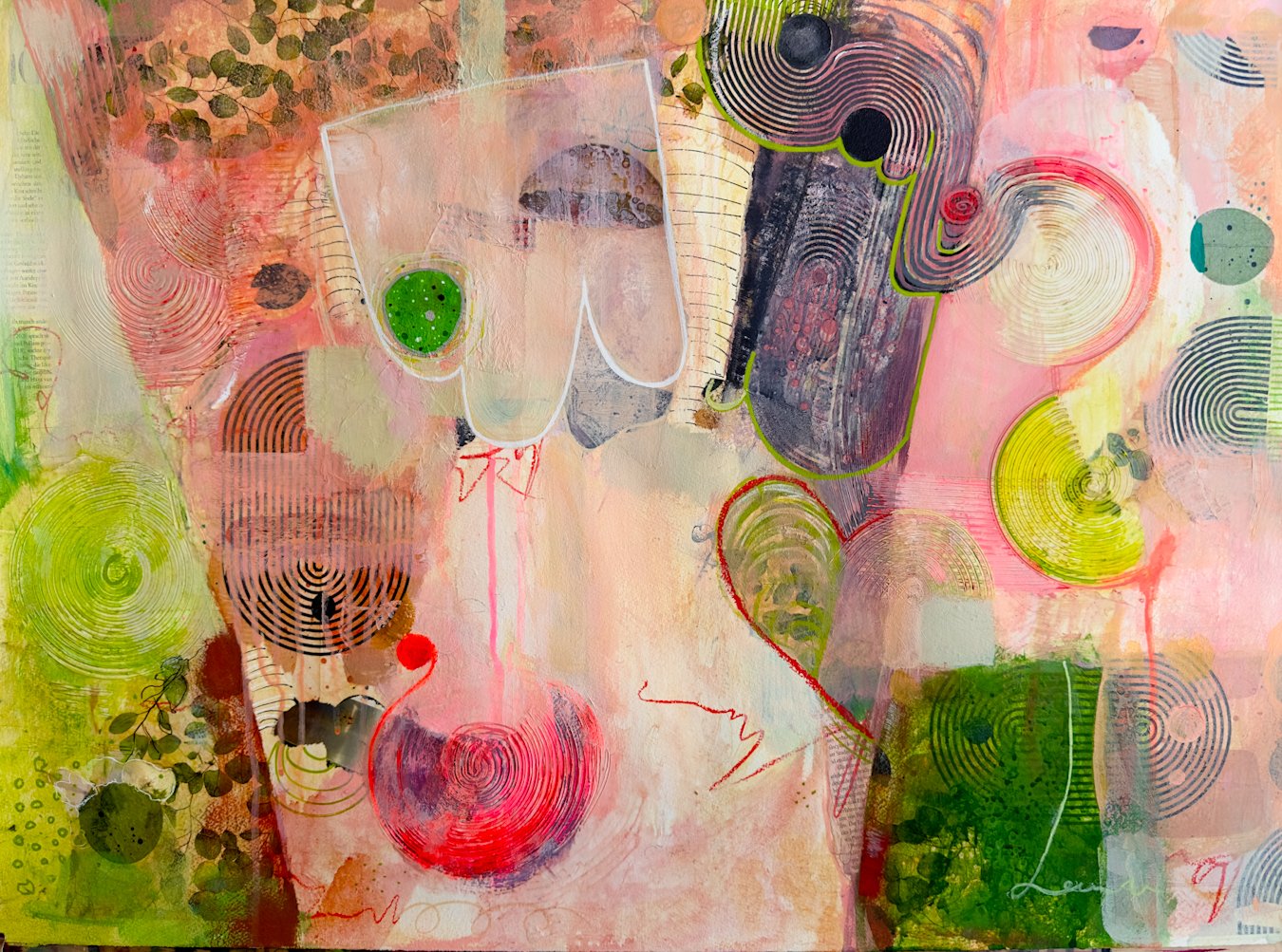 The Afternoon Tea – original mixed media painting by Mili Mizzi featuring layered collage, botanical forms and a whimsical teacup composition on museum-quality cotton paper.